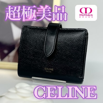 超極美品 CELINE スモール ストラップウォレット 二つ折り財布 ブラック レディース メンズ