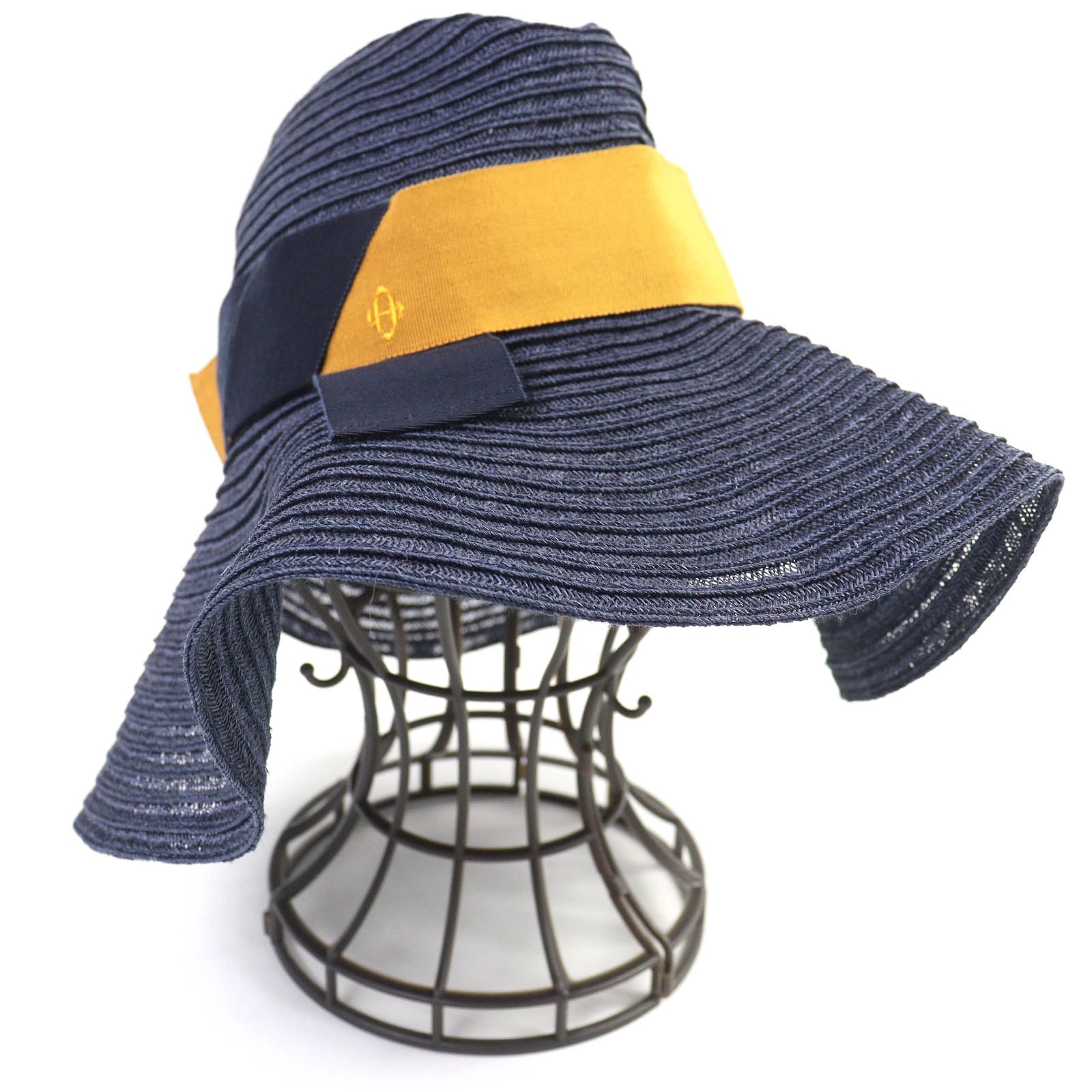 極美品 エルメス
 ハット ネイビー イエロー系 レディース 56