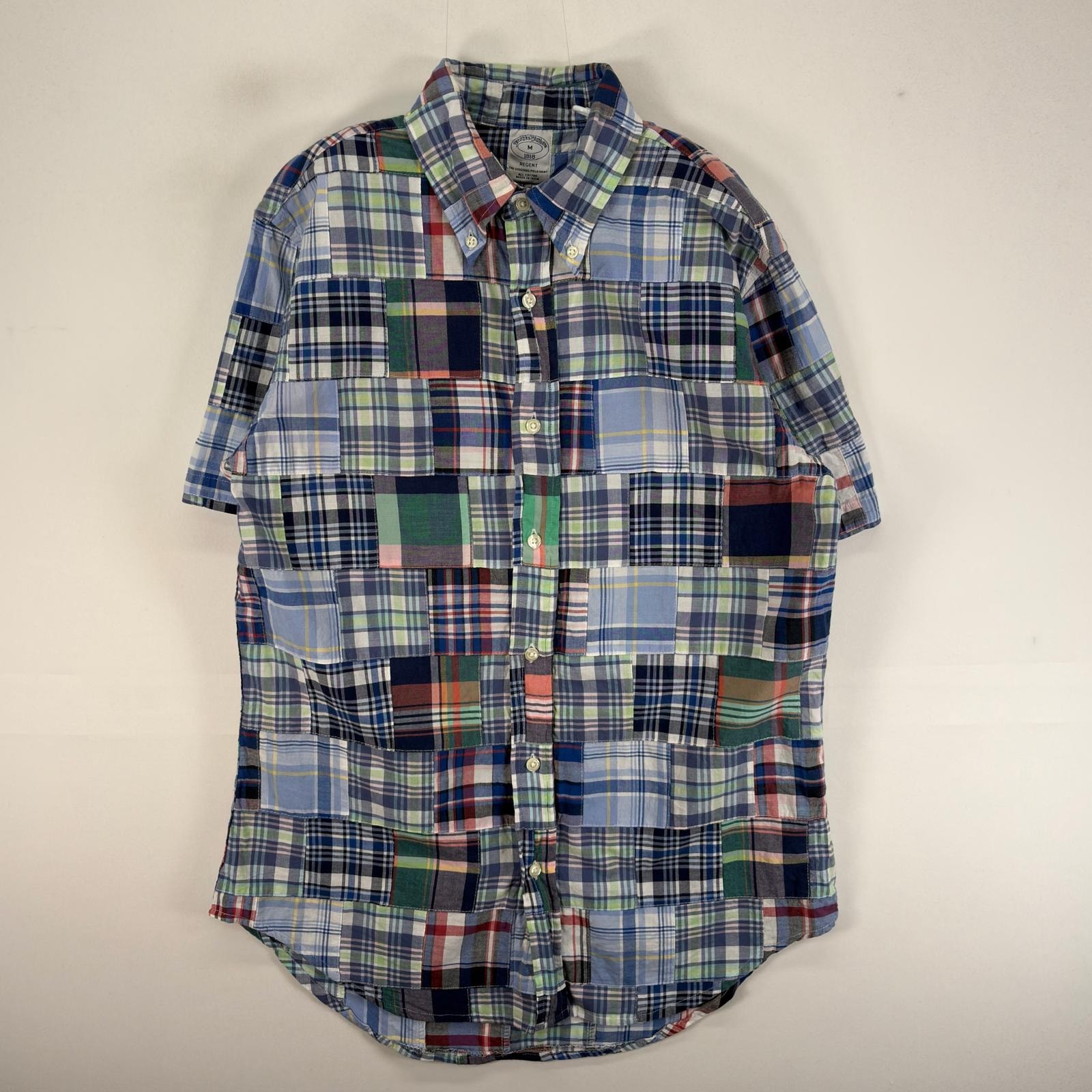 古着 ブルックスブラザーズ Brooks Brothers 半袖シャツ パッチワーク 1818 M ブルー系 チェック メンズ
