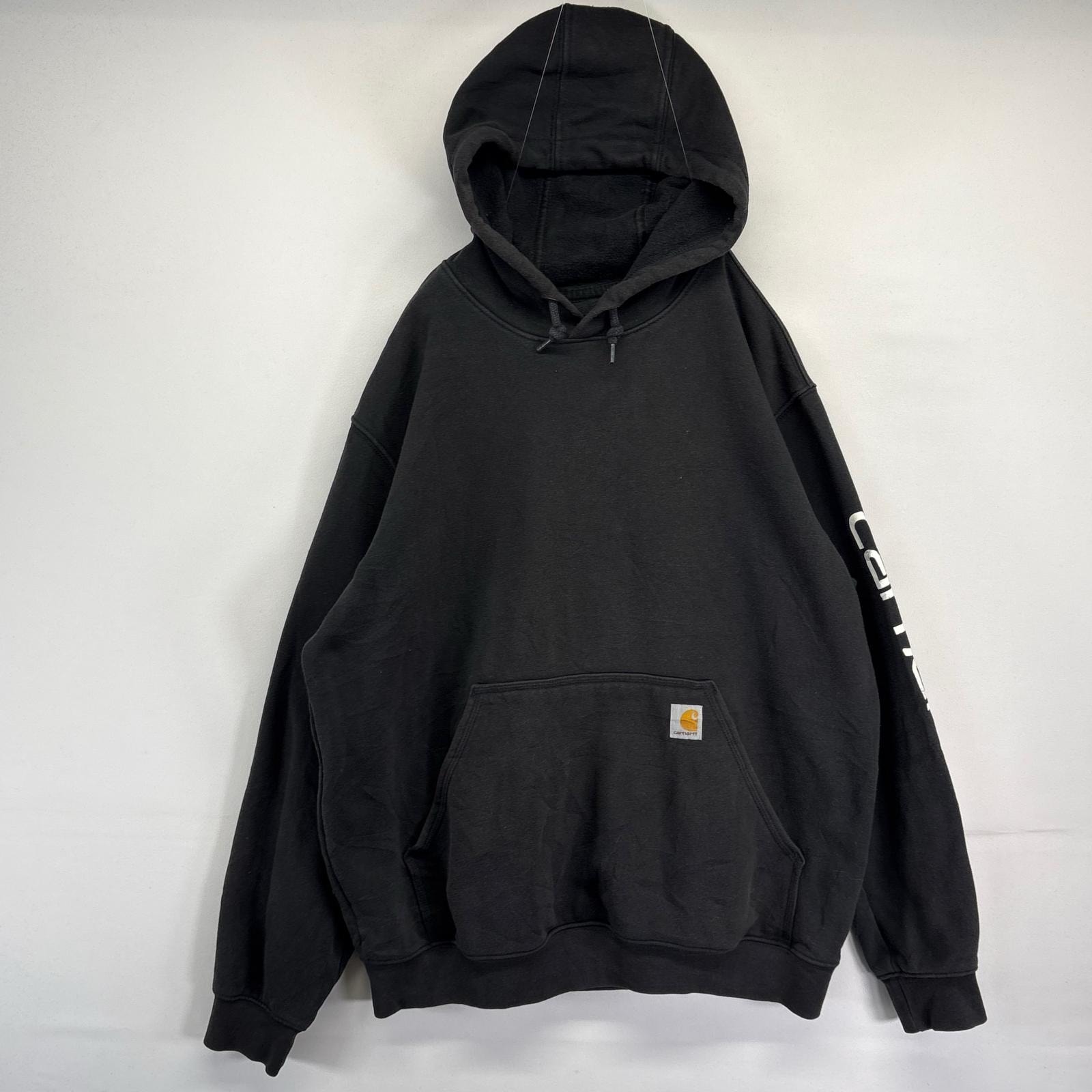 古着 カーハート Carhartt パーカー スウェット 袖ロゴプリント プルオーバー ワンポイントロゴ L ブラック メンズ