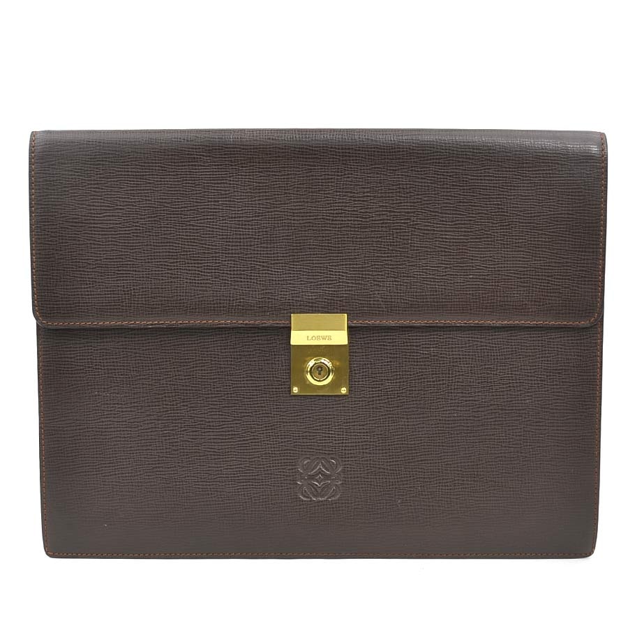 ロエベ LOEWE クラッチバッグ 書類ケース アナグラム レザー ダークブラウン ゴールド メンズ【中古】 e61821c