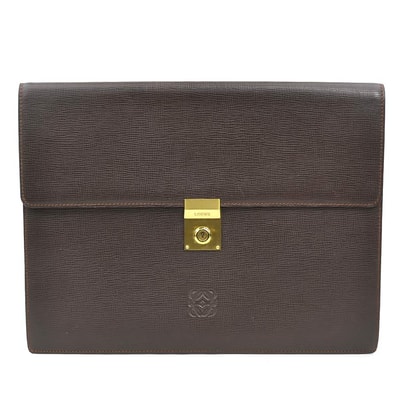 ロエベ LOEWE クラッチバッグ 書類ケース アナグラム レザー ダークブラウン ゴールド メンズ【中古】 e61821c