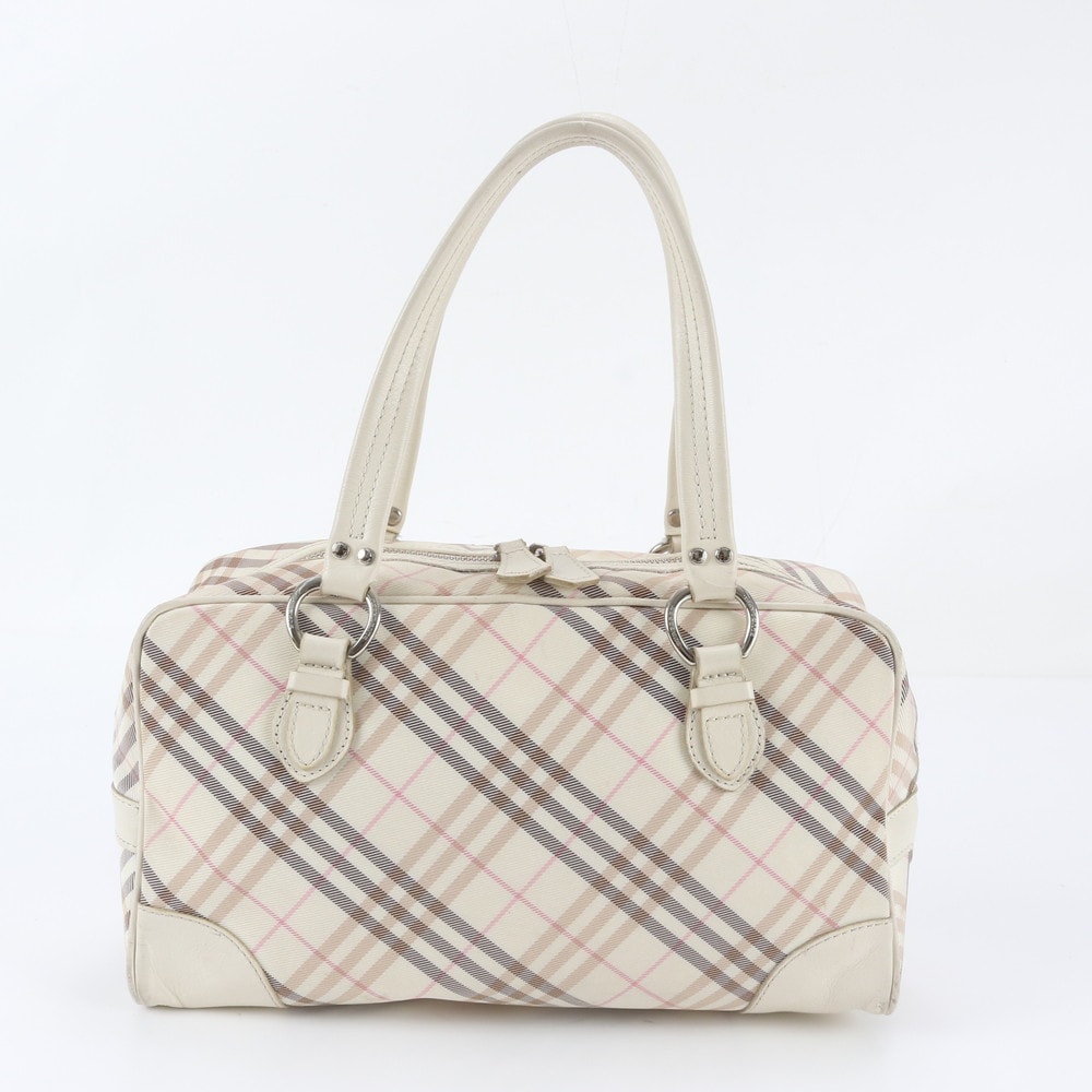 ■美品 バーバリー チェック 柄ハンドバッグ レザー×キャンバス