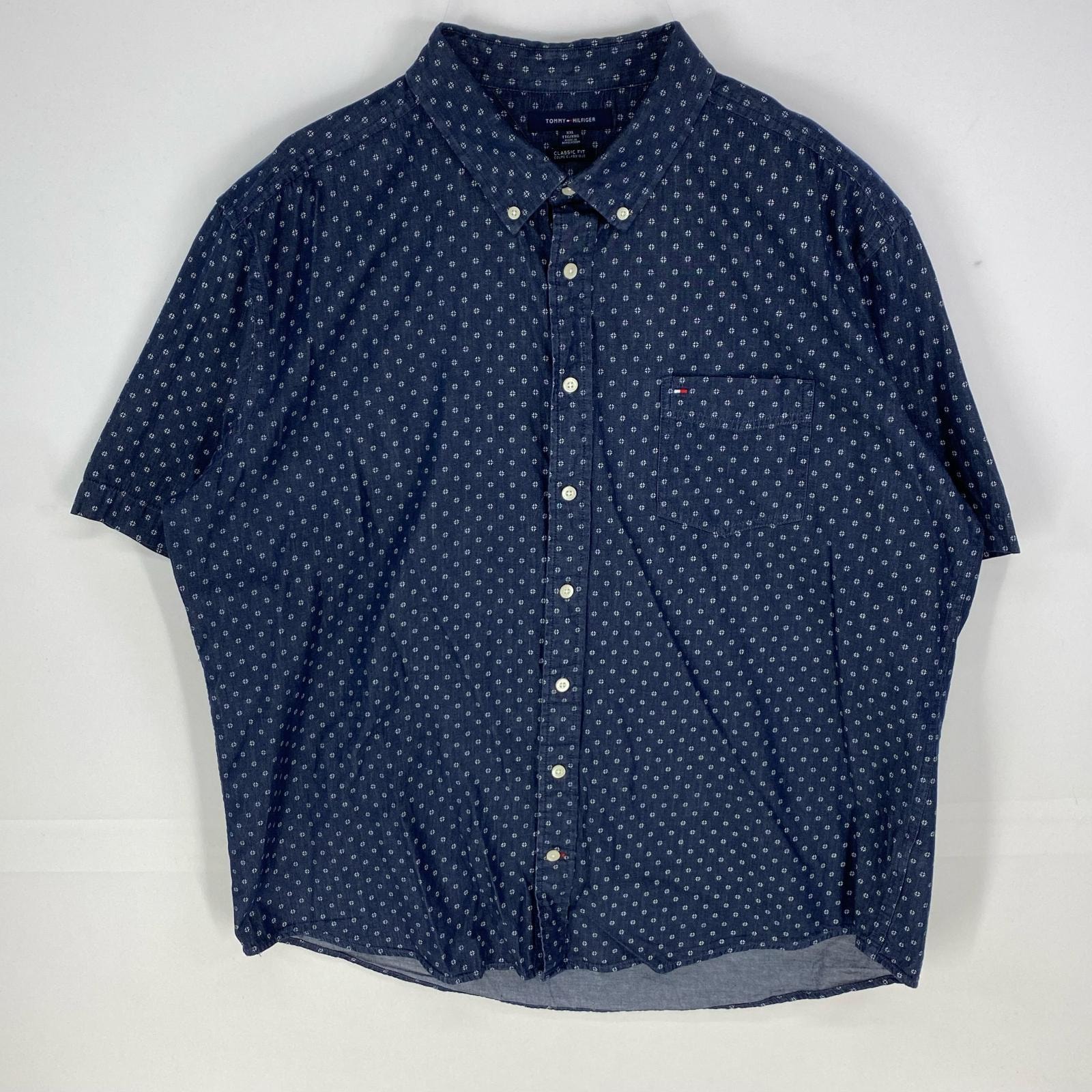 古着 トミーヒルフィガー TOMMY HILFIGER 半袖シャツ ボタンダウン ワンポイント ロゴ刺繍 2XL ネイビー系 ドット メンズ