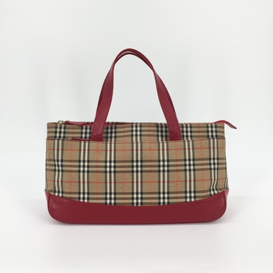 BURBERRY(バーバリー) ノバチェック柄 レッドレザー トートバッグ ベージュ×レッド