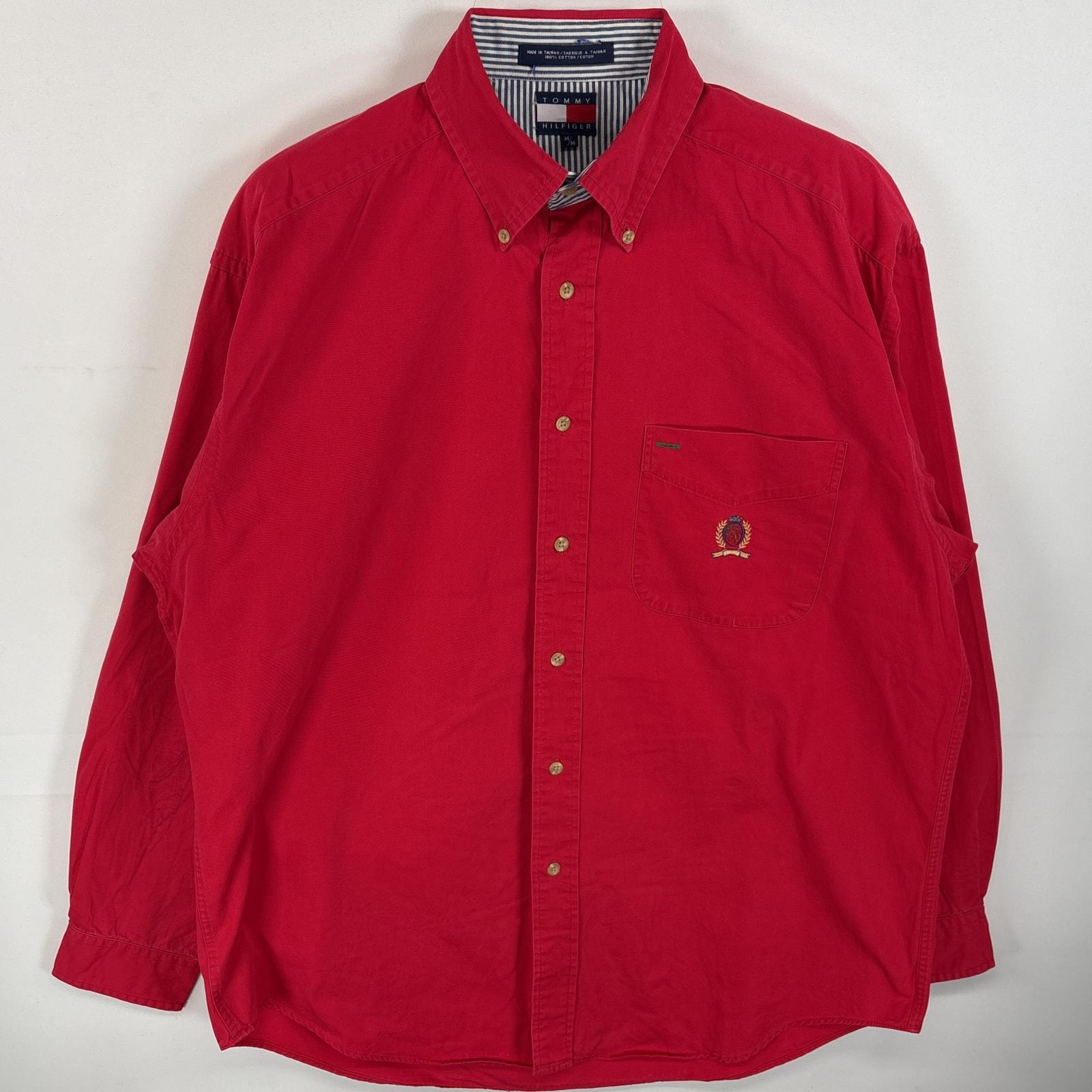 古着 90's/90年代 トミーヒルフィガー TOMMY HILFIGER 長袖シャツ ボタンダウンシャツ ワンポイント ロゴ 刺繍 胸ポケ M  レッド 無地 メンズ