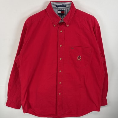 古着 90's/90年代 トミーヒルフィガー TOMMY HILFIGER 長袖シャツ ボタンダウンシャツ ワンポイント ロゴ 刺繍 胸ポケ M レッド 無地 メンズ