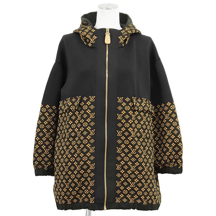 【美品】LOUIS VUITTON ルイ・ヴィトン フーデッドニットジャケット サイズ XXS レディース 2024SS ロゴ LV モノグラム ジャガード フーディー ジップアップ バイカラー ストレッチ アウター ブラック キャメル 黒 イタリア製