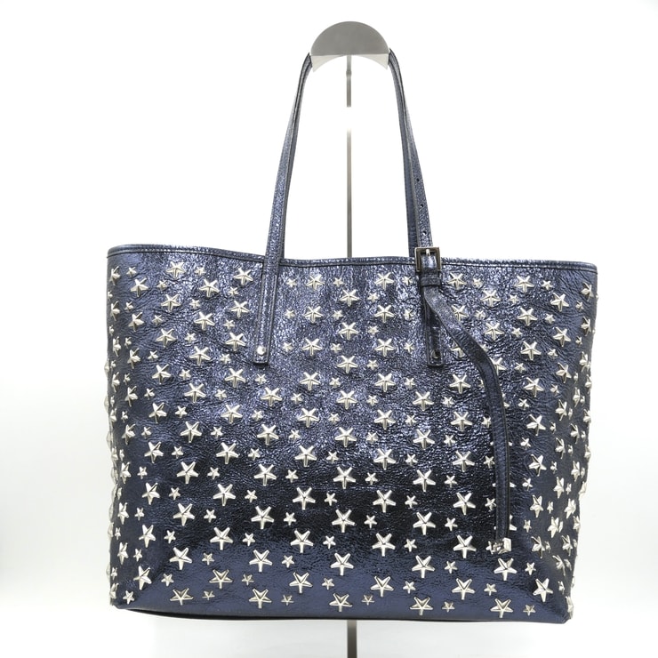 JIMMY CHOO(ジミーチュウ)サシャM トートバッグ スタースタッズ ネイビー メタリックレザー シルバー金具 レディース【中古】
