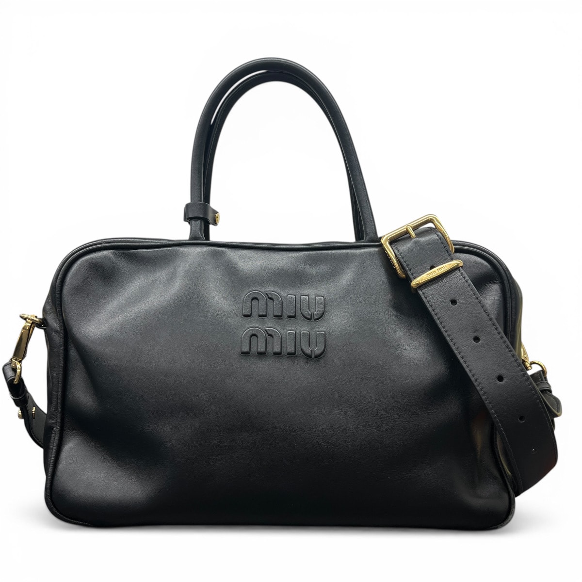 miumiu 希少 美品 ミュウミュウ レザー ボー バッグ ラージ 2way ハンドバッグ ショルダーバッグ 5BB17 RFID確認済 レザー ブラック クロスボディ ミニボストン ロゴ ABランク 中古 鑑定済 ミュウミュウハンドバッグ