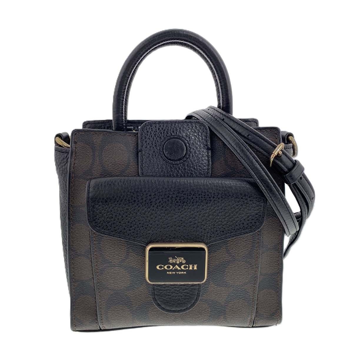 COACH コーチ 2WAY ミニ ペッパー クロスボディ シグネチャー キャンバス ハンドバッグ C7228 キャンバス チェーンショルダー レザー ブラウン ブラック レディース【中古】