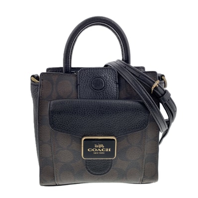 COACH コーチ 2WAY ミニ ペッパー クロスボディ シグネチャー キャンバス ハンドバッグ C7228 キャンバス チェーンショルダー レザー ブラウン ブラック レディース【中古】