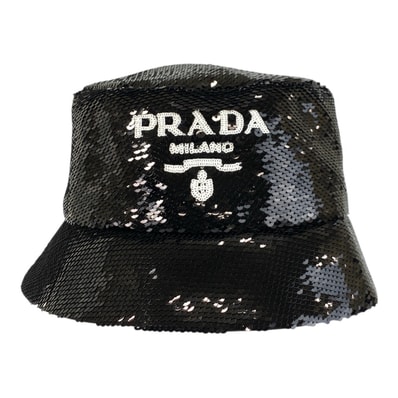 美品 PRADA プラダ ロゴ スパンコール Mサイズ ブラック 黒 コットン シルク/ バケットハット 男女兼用 601192 【中古】