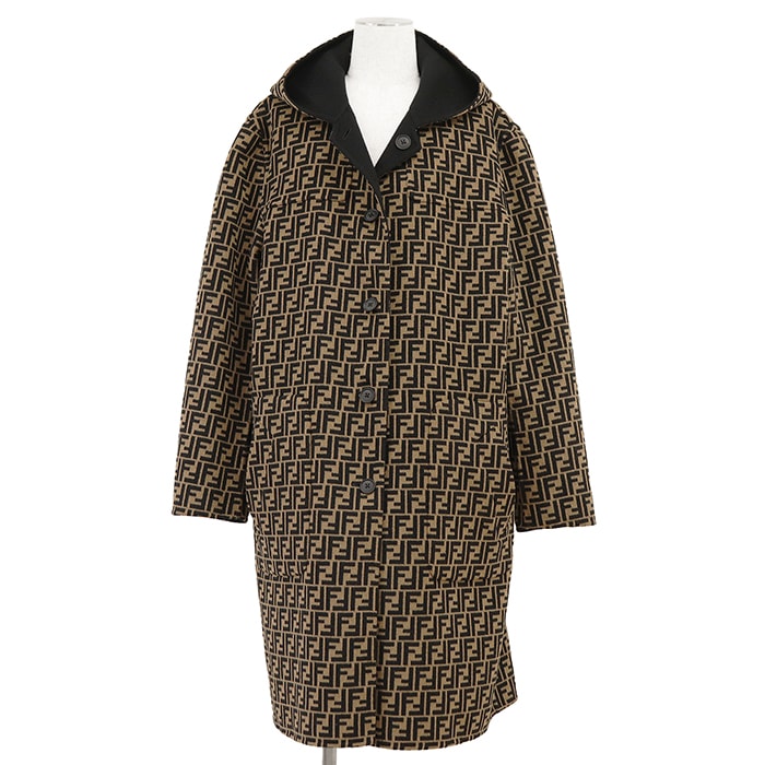 【極美品】FENDI フェンディ フーデッドコート サイズ 56 メンズ 2021年モデル ロゴ FF ズッカ リバーシブル ウール × シルク アウター ブラック キャメル 黒 茶 イタリア製