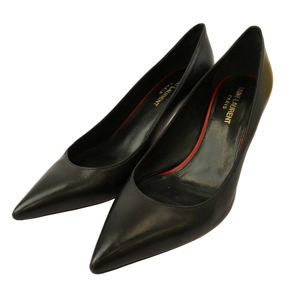 SAINT LAURENT サンローラン パンプス 480093 ポインテッドトゥ レザー ヒール パンプス ブラック系 37.5【中古】