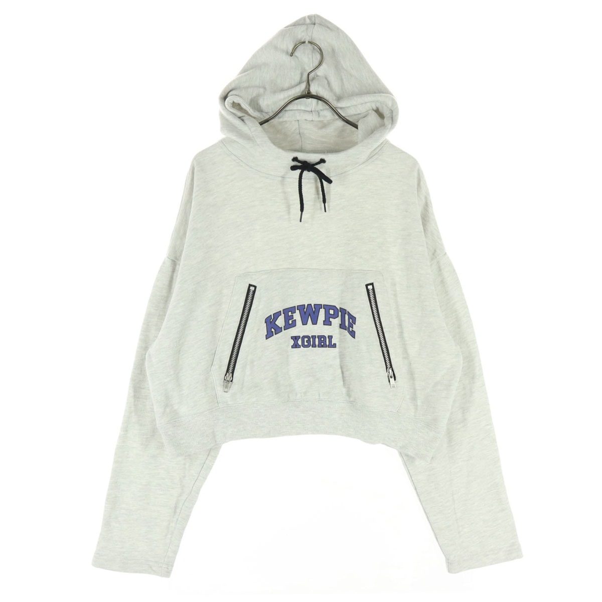 美品 X-girl エックスガール プリント 長袖 ショート丈 フーディー パーカー 2 ライトグレー