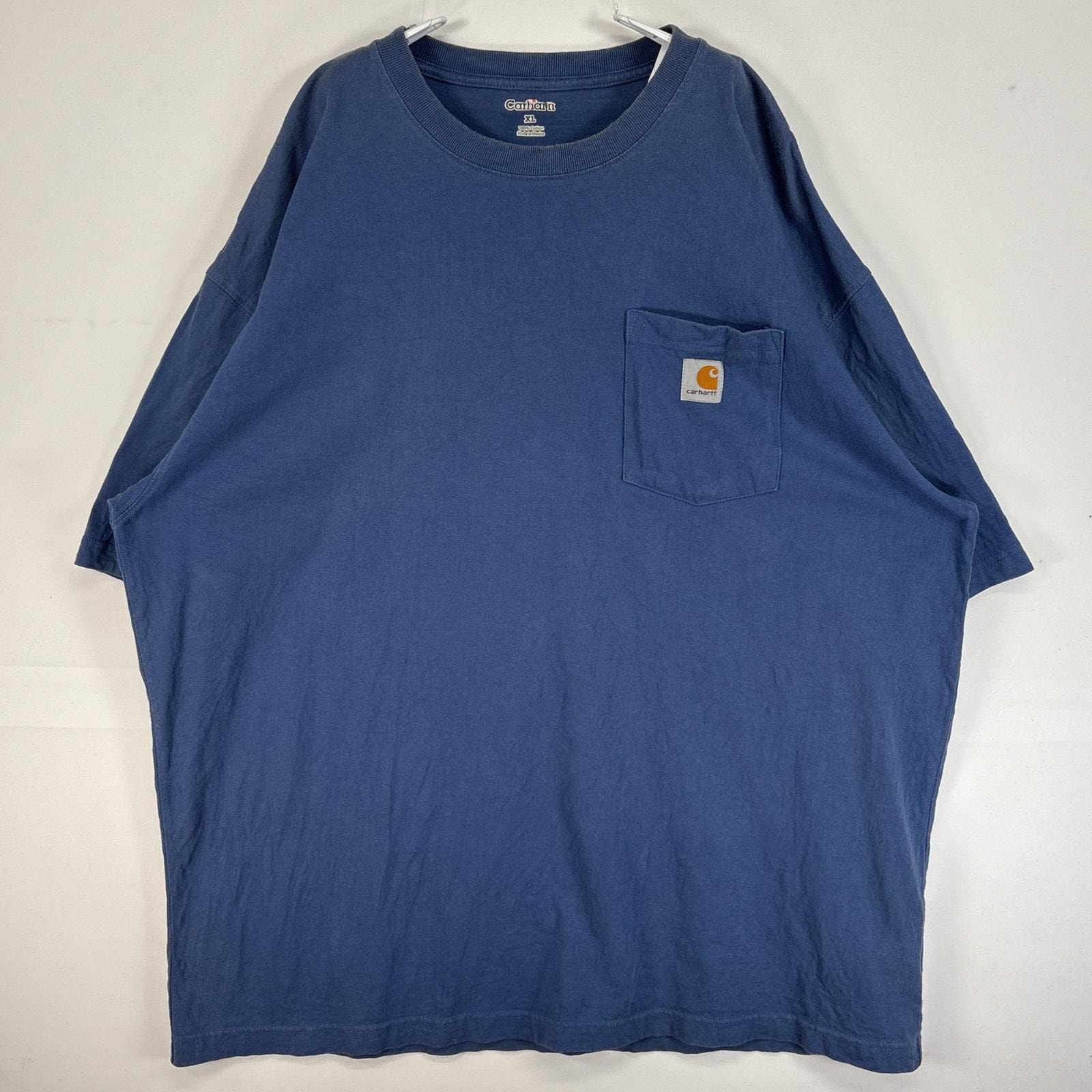 古着 カーハート Carhartt 半袖Tシャツ 大きいサイズ 肉厚 フェード ワンポイント ロゴ 胸ポケ XL  ブルー系 無地 メンズ