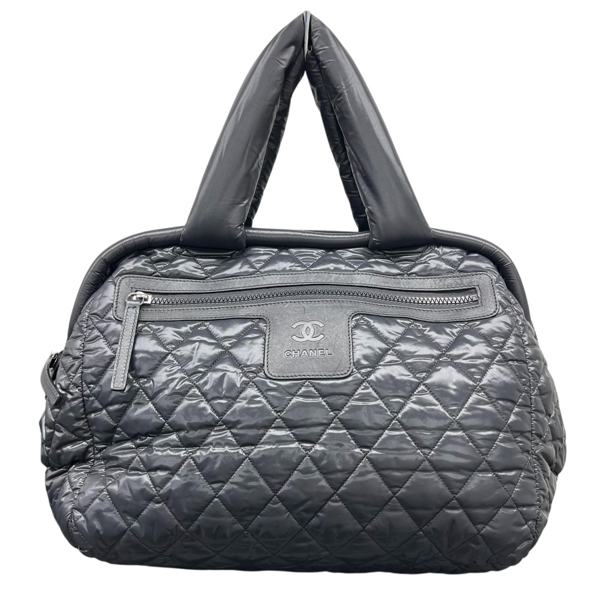 CHANEL 美品 シャネル コココクーン ミニボストンバッグ キルティング A47205 ナイロン レザー 13番台シリアル ブラック がま口 マトラッセ ココマーク ハンドバッグ ABランク 鑑定済 中古 シャネルバッグ
