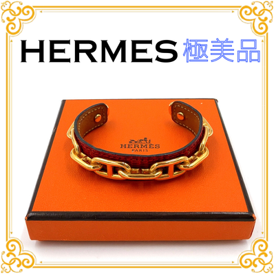 ■極美品■ HERMES エルメス シェーヌダンクル レザー リザード バングル レディース メンズ レッド 赤 ゴールド金具 箱付き ブレスレット