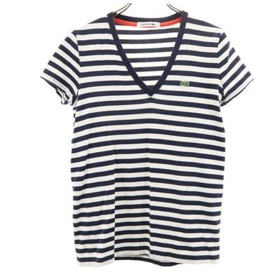 LACOSTE ラコステ ボーダー柄 フレンチスリーブ Vネック Tシャツ 36 ネイビー
