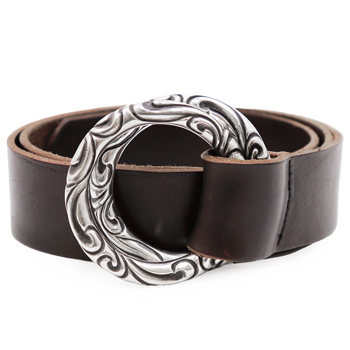 CHROME HEARTS クロムハーツ ダブルスクロールリングベルト サイズ ウエスト約90.5cm メンズ レザー シルバーバックル 小物 ダークブラウン シルバー 茶色 銀色