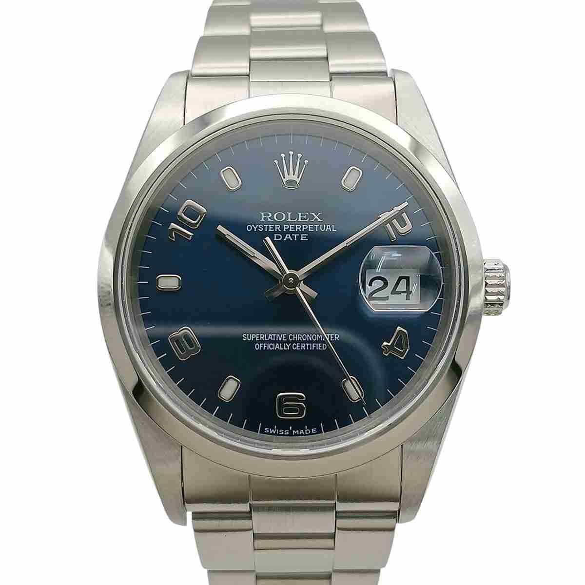 ROLEX ロレックス オイスターパーペチュアル デイト 34mm A番 飛びアラビア 腕時計 15200 ステンレススチール シルバー ブルー メンズ【中古】