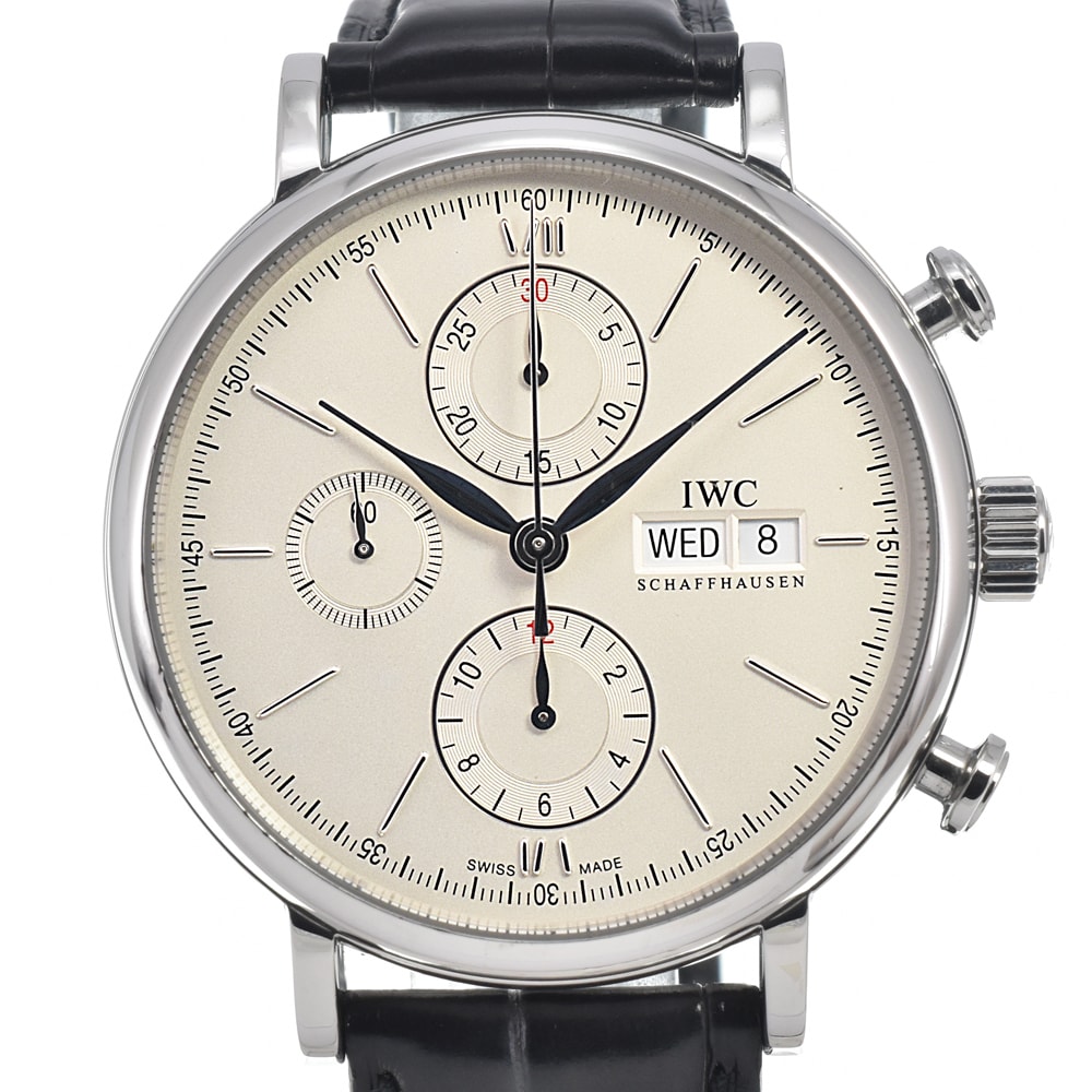 値下 IWC SCHAFFHAUSEN IW391007 ポートフィノ クロノグラフ デイデイト シルバー 自動巻き メンズ 美品 腕時計 E#147248