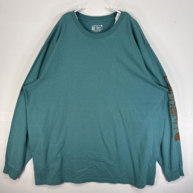 古着 カーハート Carhartt 長袖Tシャツ 袖プリント 大きいサイズ 肉厚 クルーネック 2XL 水色系 メンズ