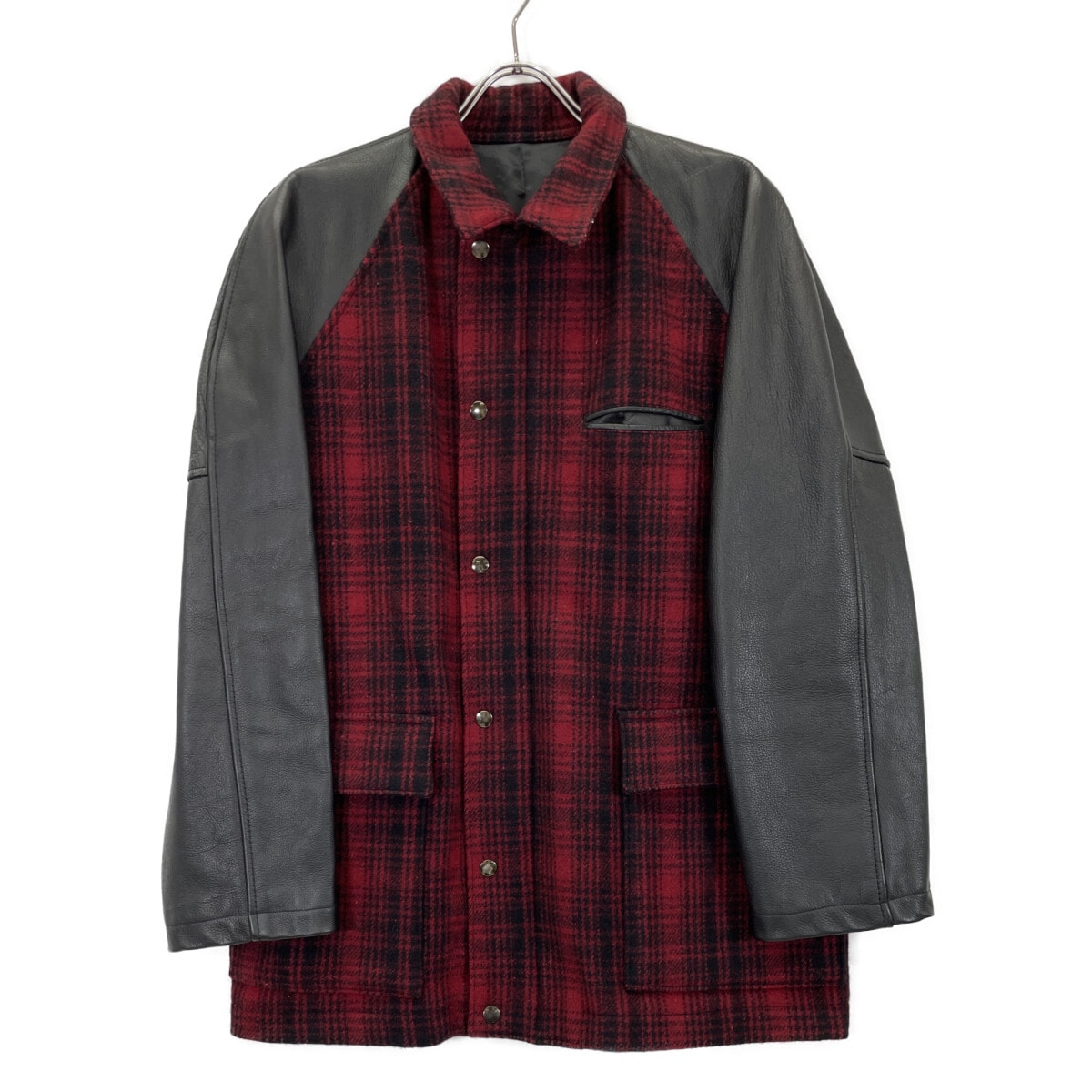 ワイズフォーメン ブラック×レッド アームレザー チェック柄ウールジャケット 表記無し