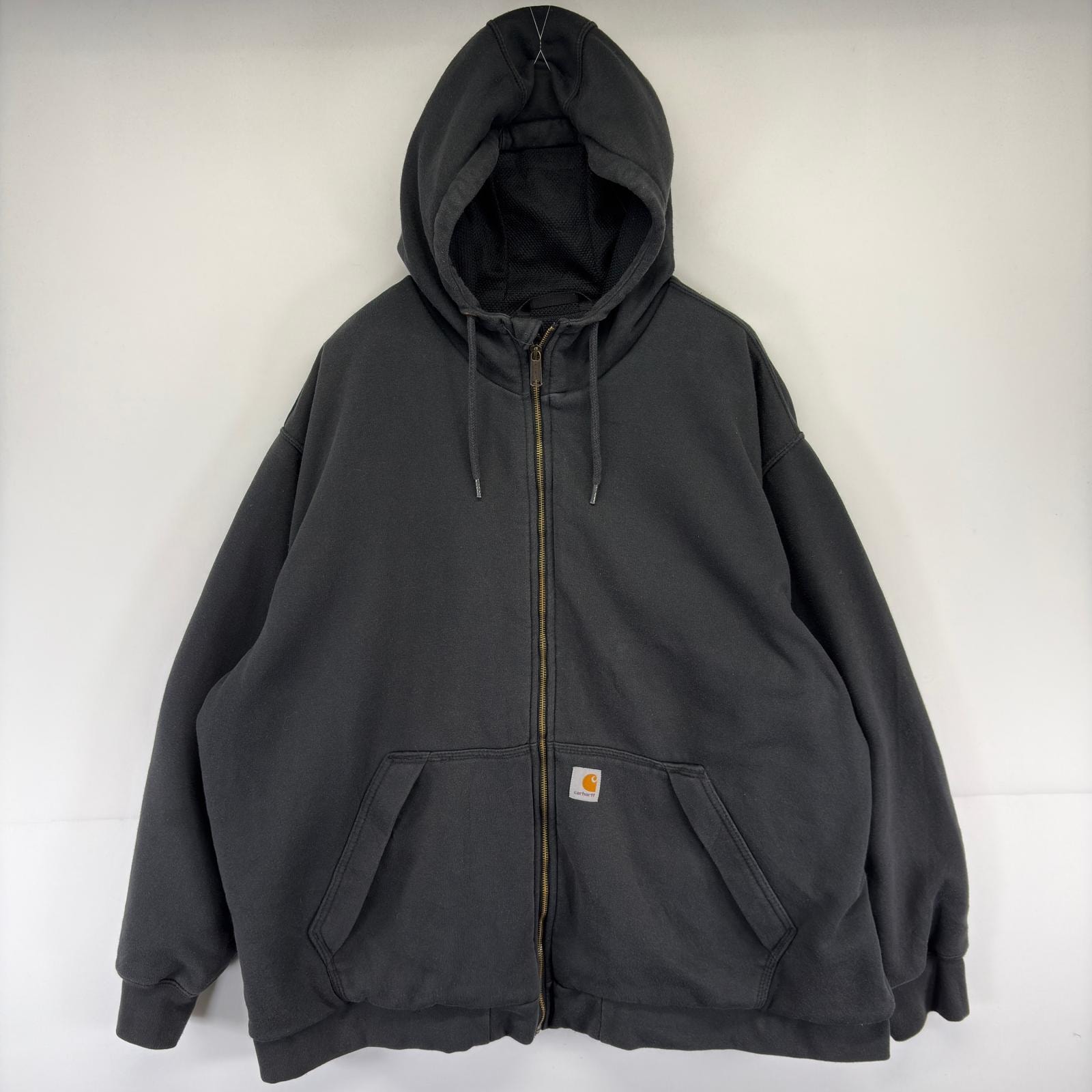 古着 カーハート Carhartt パーカー フルジップ メッシュライナー 大きいサイズ ワンポイント ロゴ 3XL  ブラック系 メンズ
