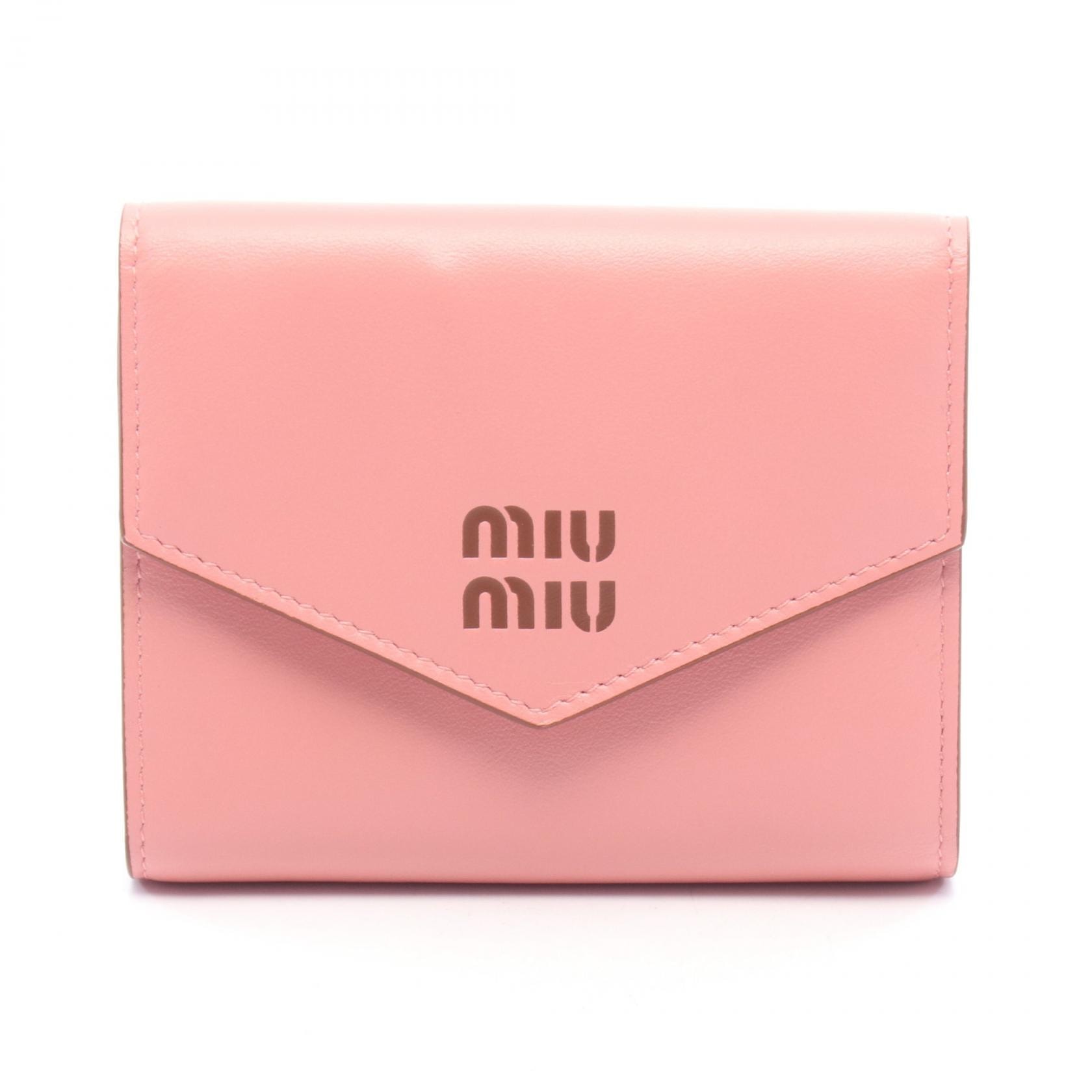 ミュウ ミュウ Miu Miu SOFTY LOGO 三つ折り財布 財布 レザー レディース ピンク系 / ブラウン系 5MH040 【中古】