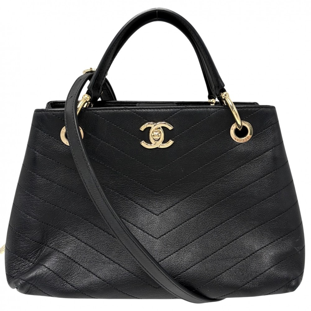 CHANEL シャネル 2WAY シェブロン Vステッチ チェーンショルダーバッグ ハンドバッグ ココマーク レザー    ブラック 黒 ゴールド金具 レディース【中古品】