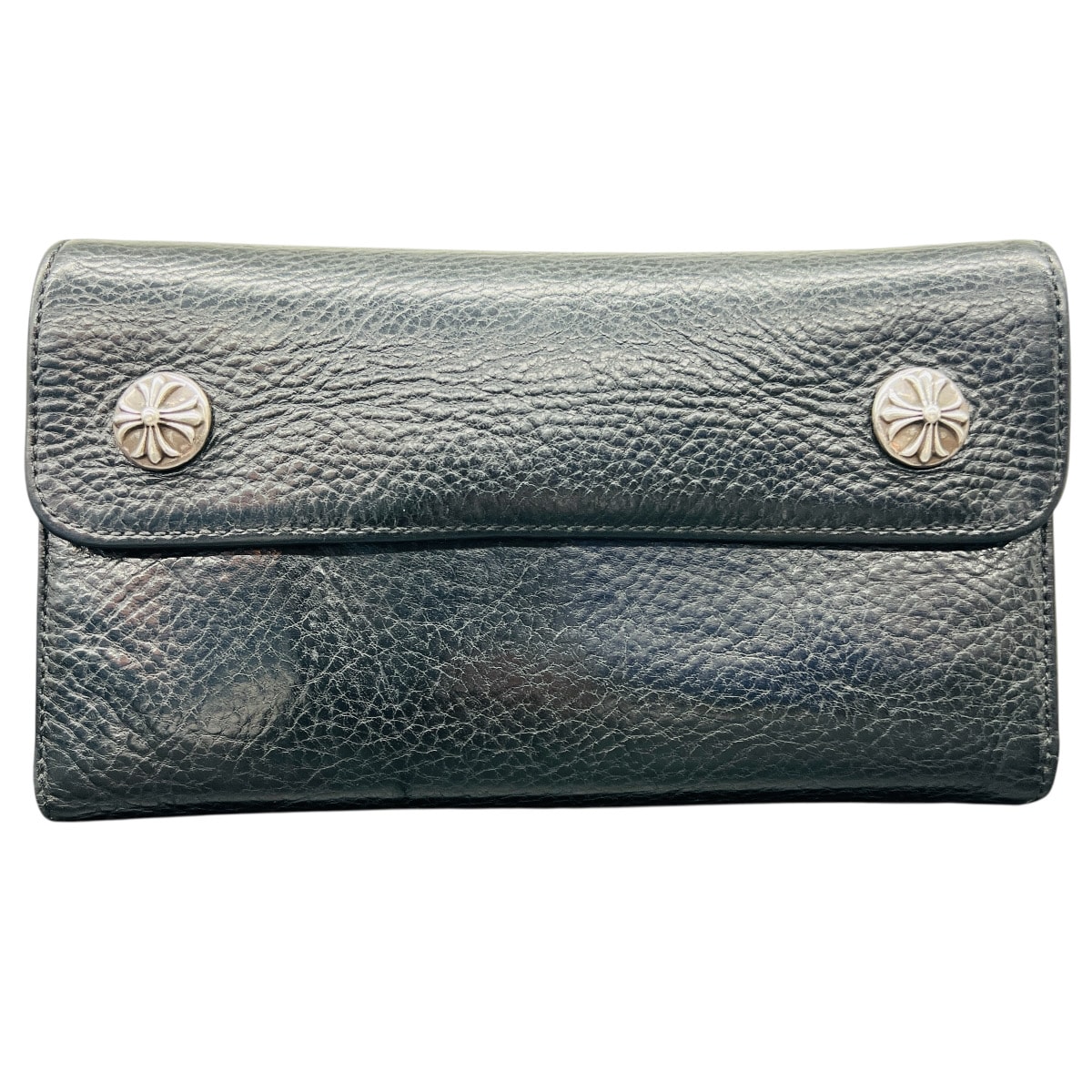 CHROME HEARTS 美品 クロムハーツ WAVE WALLET ウェーブ ウォレット クロスボタン ブラック ヘビーレザー 長財布 ロングウォレット ブラック ダガー クロム Bランク 中古 鑑定済 クロム財布