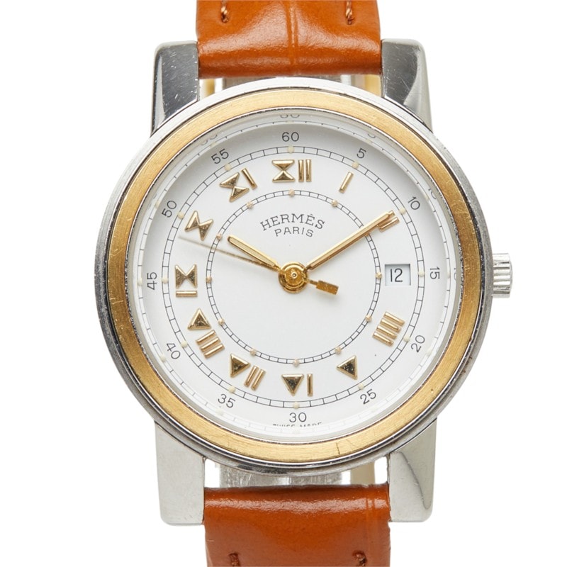 エルメス キャリック 腕時計 クオーツ ホワイト文字盤 ステンレススチール レザー レディース HERMES 中古