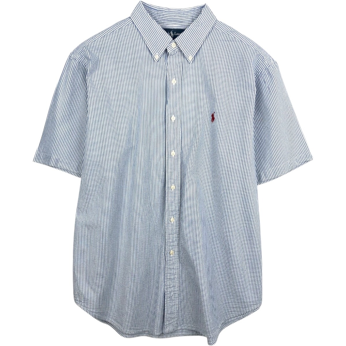 古着 ラルフローレン Ralph Lauren CLASSIC FIT クラシックフィット シアサッカー 半袖 ボタンダウン ストライプシャツ メンズXL相当/eaa668614