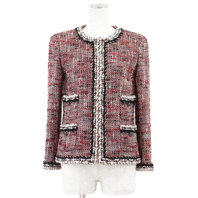CHANEL シャネル ツイードジャケット レディース サイズ 38 P39769 ノーカラー ロゴ COCOマークボタン フルライニング 4P ウール × ナイロン アウター レッド ホワイト ブラック 黒 白 赤 フランス製 カール・ラガーフェルド期