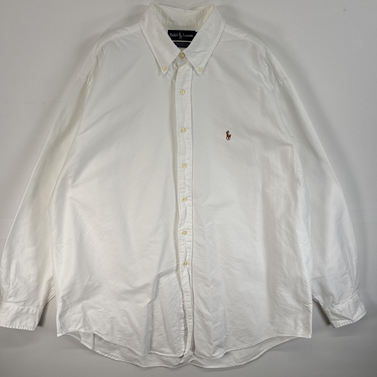 古着 ラルフローレン RALPH LAUREN 長袖シャツ オックスフォードシャツ ロゴ 刺繍 大きいサイズ 17 1/2-36 XL-2XL  ホワイト 無地 メンズ