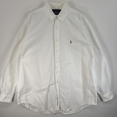 古着 ラルフローレン RALPH LAUREN 長袖シャツ オックスフォードシャツ ロゴ 刺繍 大きいサイズ 17 1/2-36 XL-2XL ホワイト 無地 メンズ