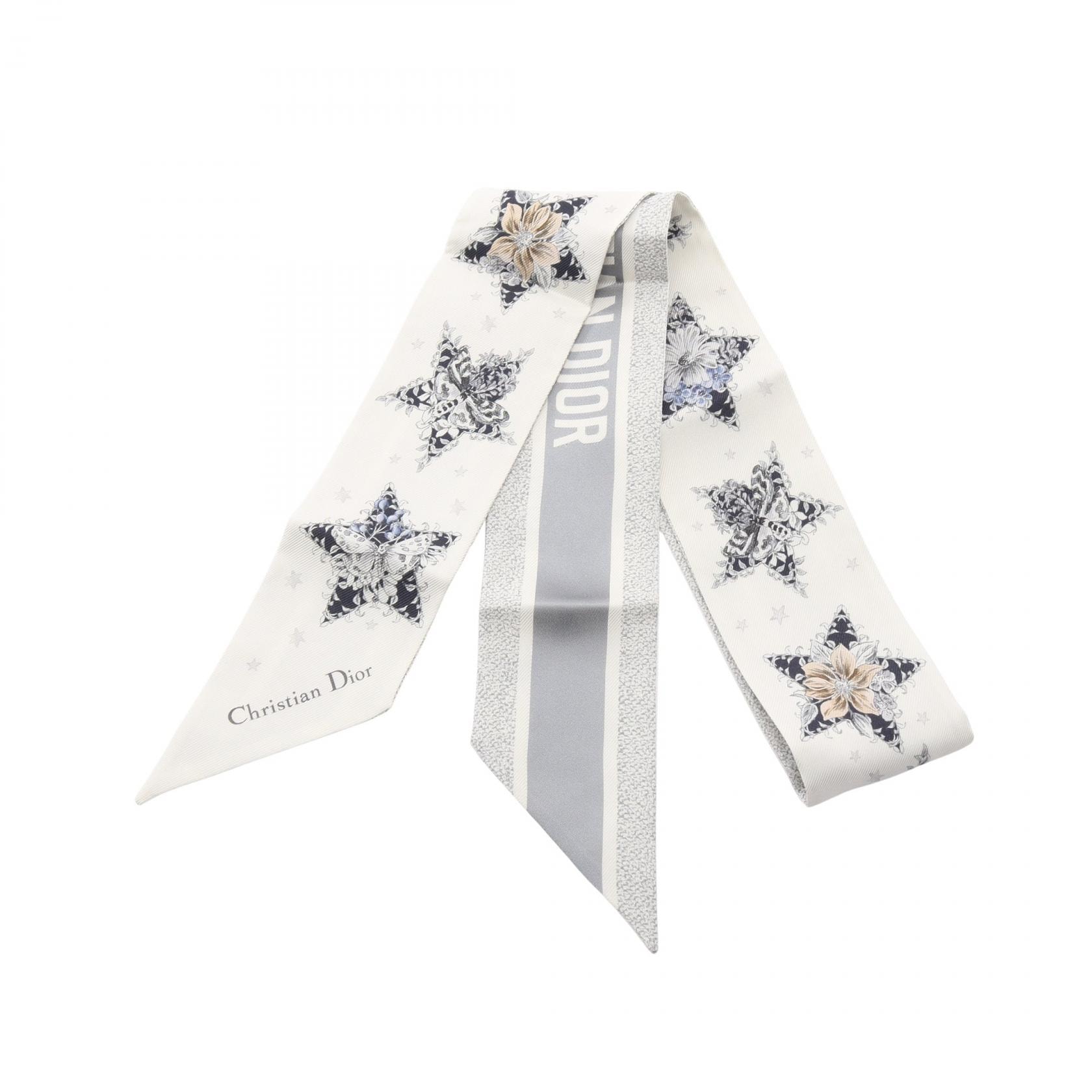 ディオール Dior ミッツァ LUCKY STAR リボン スカーフ 衣料品 シルク レディース ホワイト系 / グレー系 【中古】