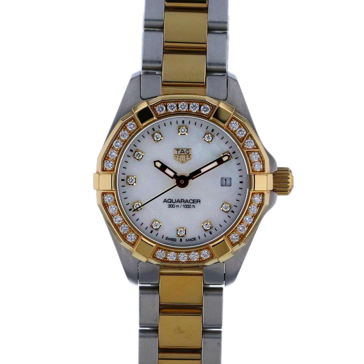 TAG HEUER タグホイヤー アクアレーサー ベゼルダイヤ 11P MOP 27mm 腕時計 WBD1423.BB0321 ステンレススチール ホワイト ゴールド クオーツ  レディース【中古】