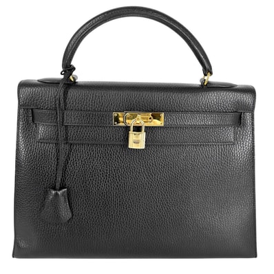 HERMES エルメス ハンドバッグ ケリー32 外縫い レザー 鞄 かばん 〇U刻印 アルデンヌ ブラック 黒 ゴールド金具 レディース 1991年【中古品】