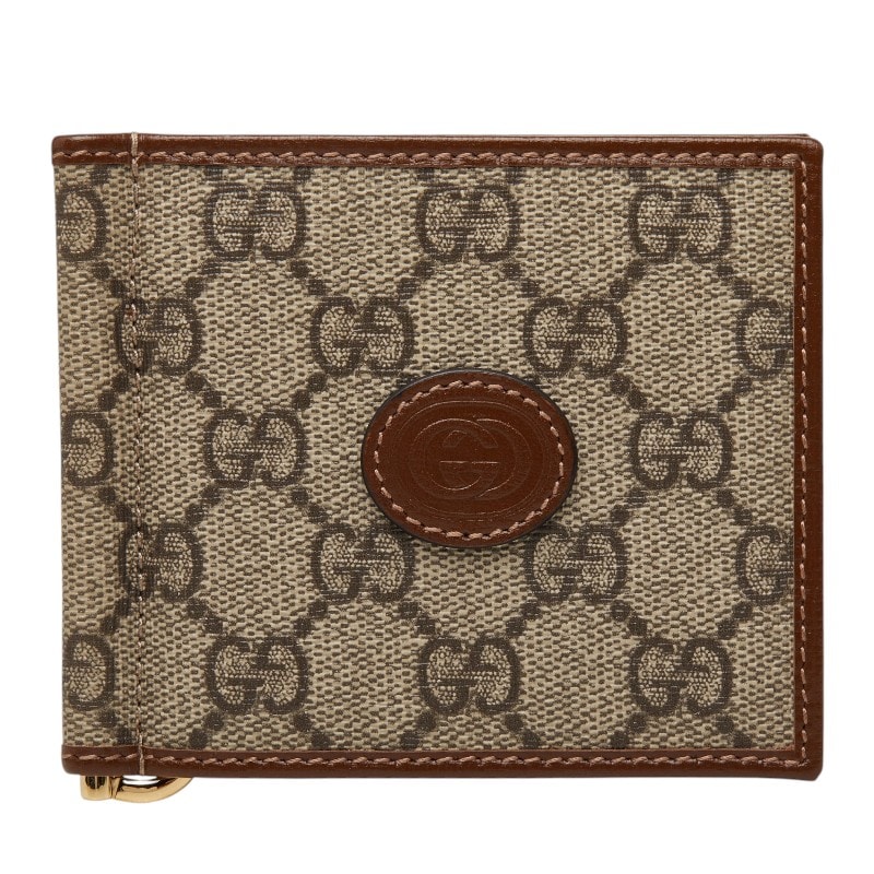 グッチ GGスプリーム マネークリップ 二つ折り財布 700686 ベージュ ブラウン PVC レザー レディース GUCCI 【中古】