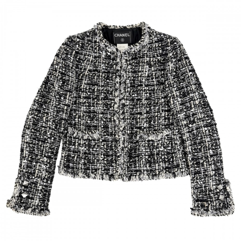 CHANEL シャネル ノーカラージャケット ツイード アウター アパレル スパンコール 服 34 ブラック 黒 ホワイト 白 レディース【中古品】