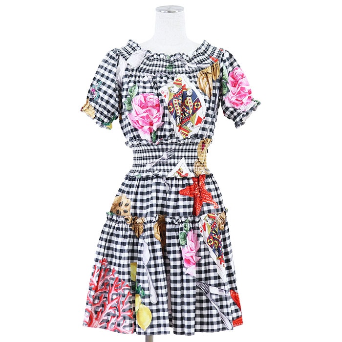 美品 ドルチェアンドガッバーナ ギンガム チェック トランプ 花柄 ギャザー コットン100％ ワンピース レディース マルチカラー 38 DOLCE&GABBANA