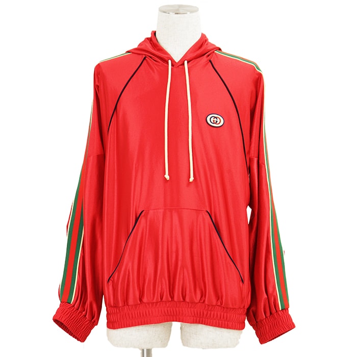 【SALE】GUCCI グッチ ジャージー サイズ XS メンズ シェリーライン サテン プルオーバー スウェット パーカー トップス レッド 赤 イタリア製