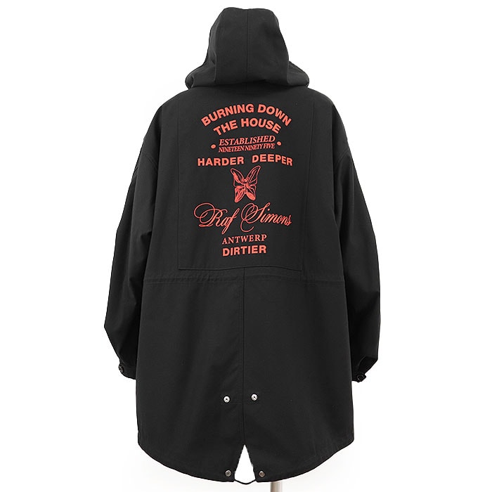RAF SIMONS ラフ シモンズ モッズコート 中綿 Talking Heads "Burning Down THE HOUSE" MID LENGTH PARKA 2019AW ロゴ ボタン ボアライナー取外可 コットンj メンズ 44 黒 伊製【中古】