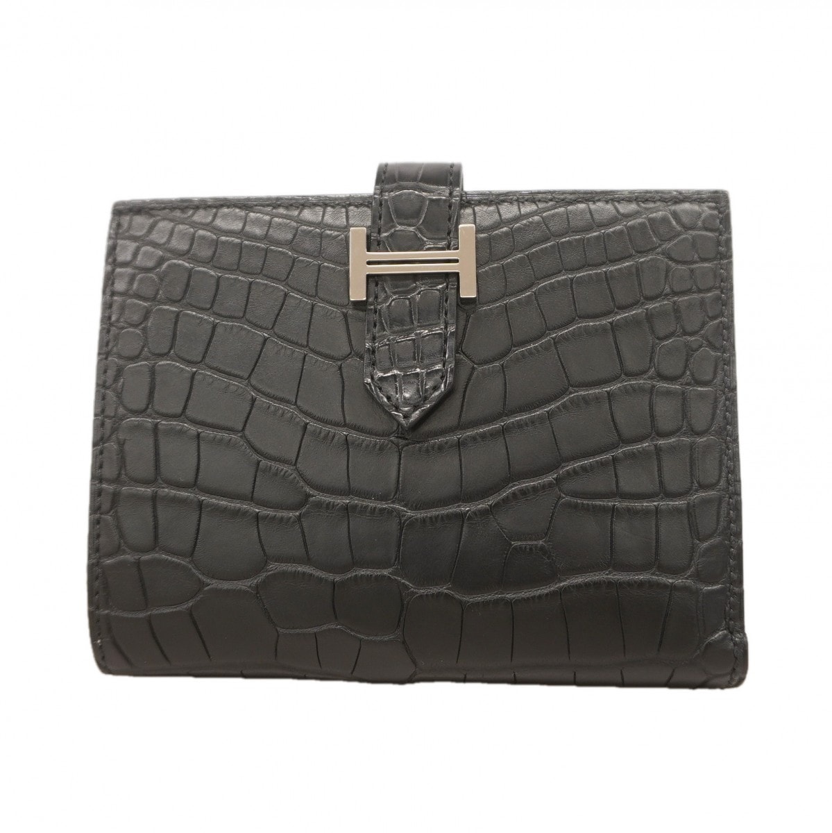 ★SALE【6gc2905】エルメス 財布 ベアンコンパクト アリゲーターマット ブラック シルバー金具 K刻印【中古】メンズ レディース ユニセックス