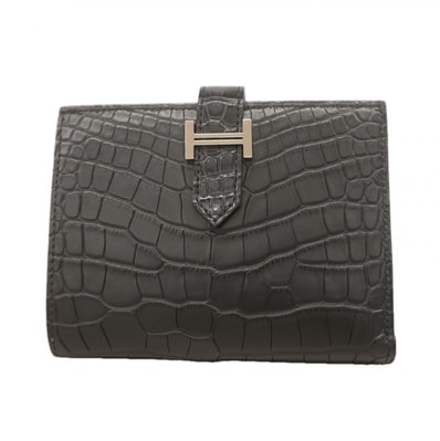 ★SALE【6gc2905】エルメス 財布 ベアンコンパクト アリゲーターマット ブラック シルバー金具 K刻印【中古】メンズ レディース ユニセックス