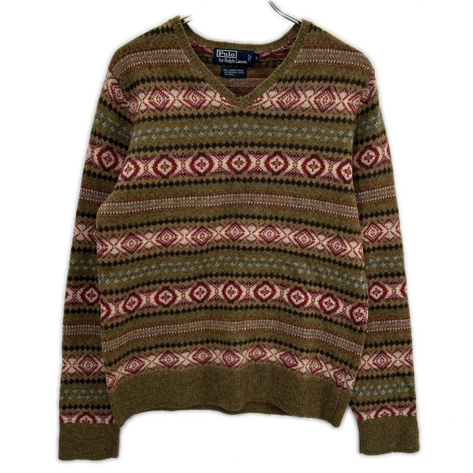 ポロ ラルフローレン KR-RL-LW3601 カーキ 羊毛混 フェアアイル柄 Vネック ニットトップス M