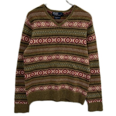 ポロ ラルフローレン KR-RL-LW3601 カーキ 羊毛混 フェアアイル柄 Vネック ニットトップス M